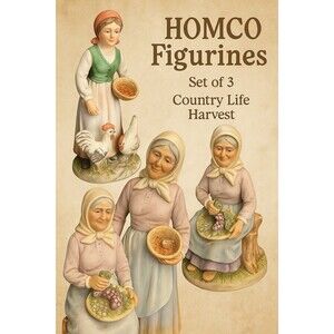 Vintage HOMCO Porcelain Figurine Set – Old Farm Woman 14" #8816 + Two 8" Country